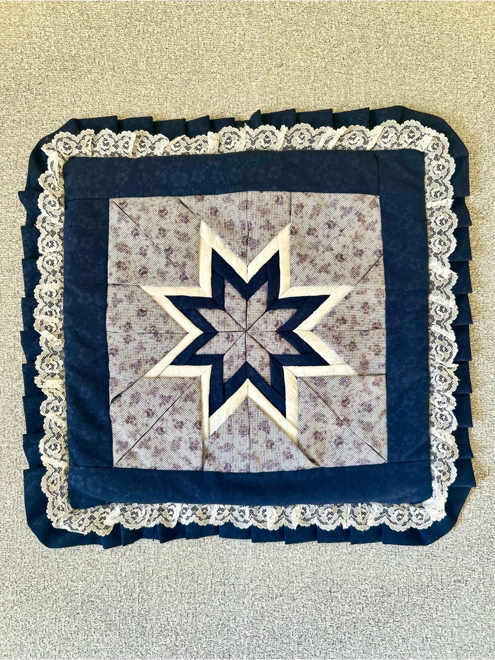 Vintage Quilted Star Pillow Cover 16x16 Navy Lace Ruffle Cottagecore Coquette